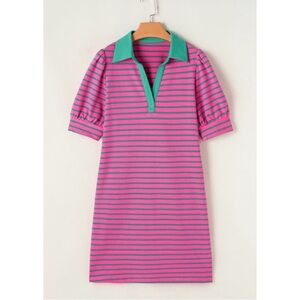Boutique Pink & Green Stripe Collared V-Neck Puff Sleeve T-Shirt Dress size 1X
